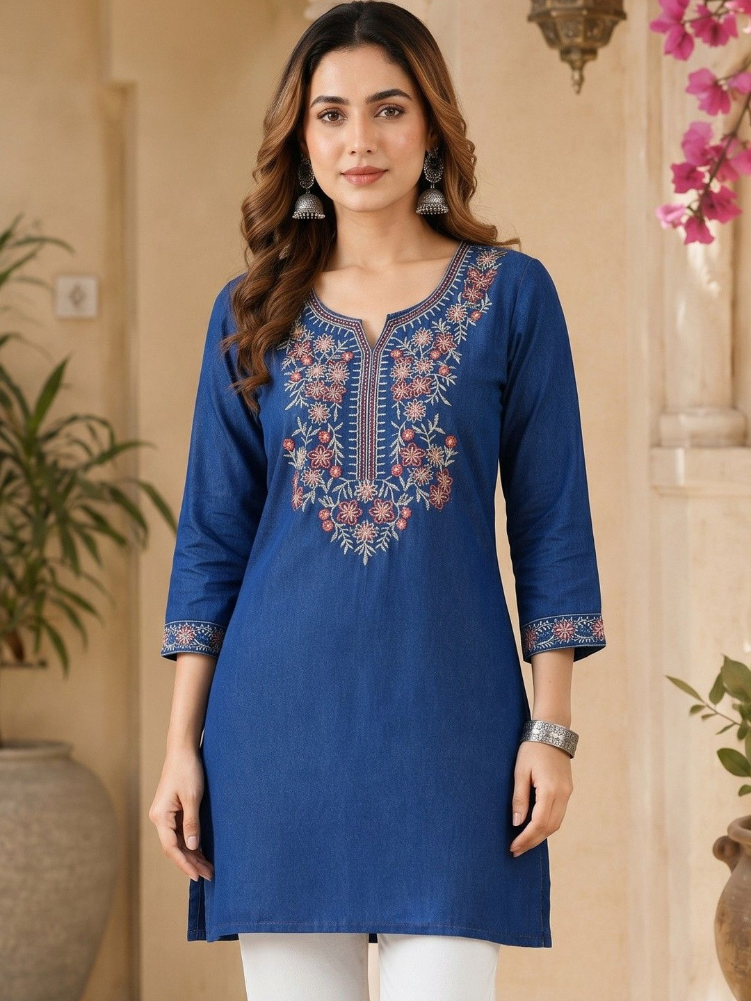 ESHMYRA Floral Embroidered V-Neck Thread Work Pure Cotton Thread Work Kurti