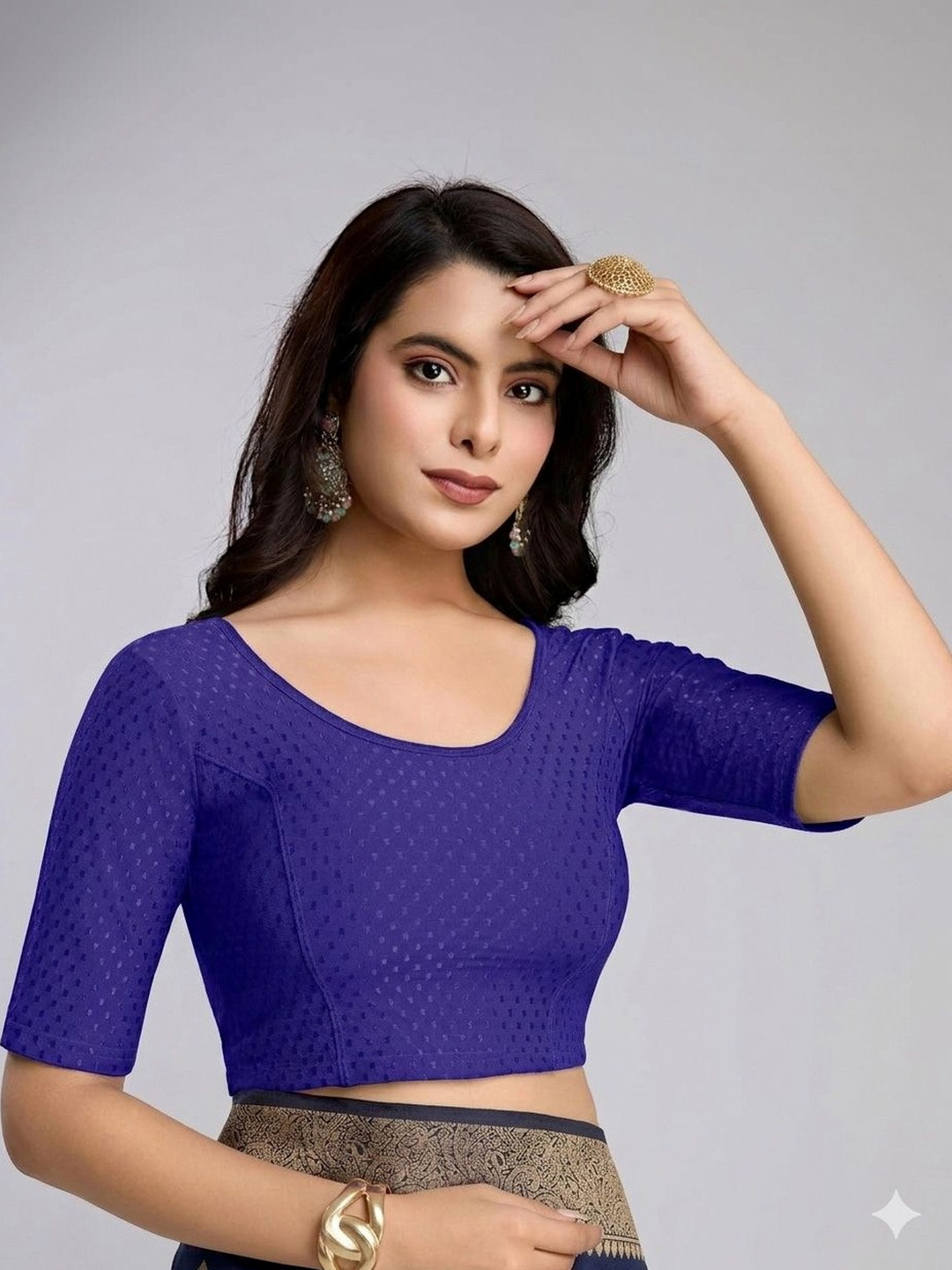 HERE&NOW Woven Design Fully Strechable Cotton Saree Blouse