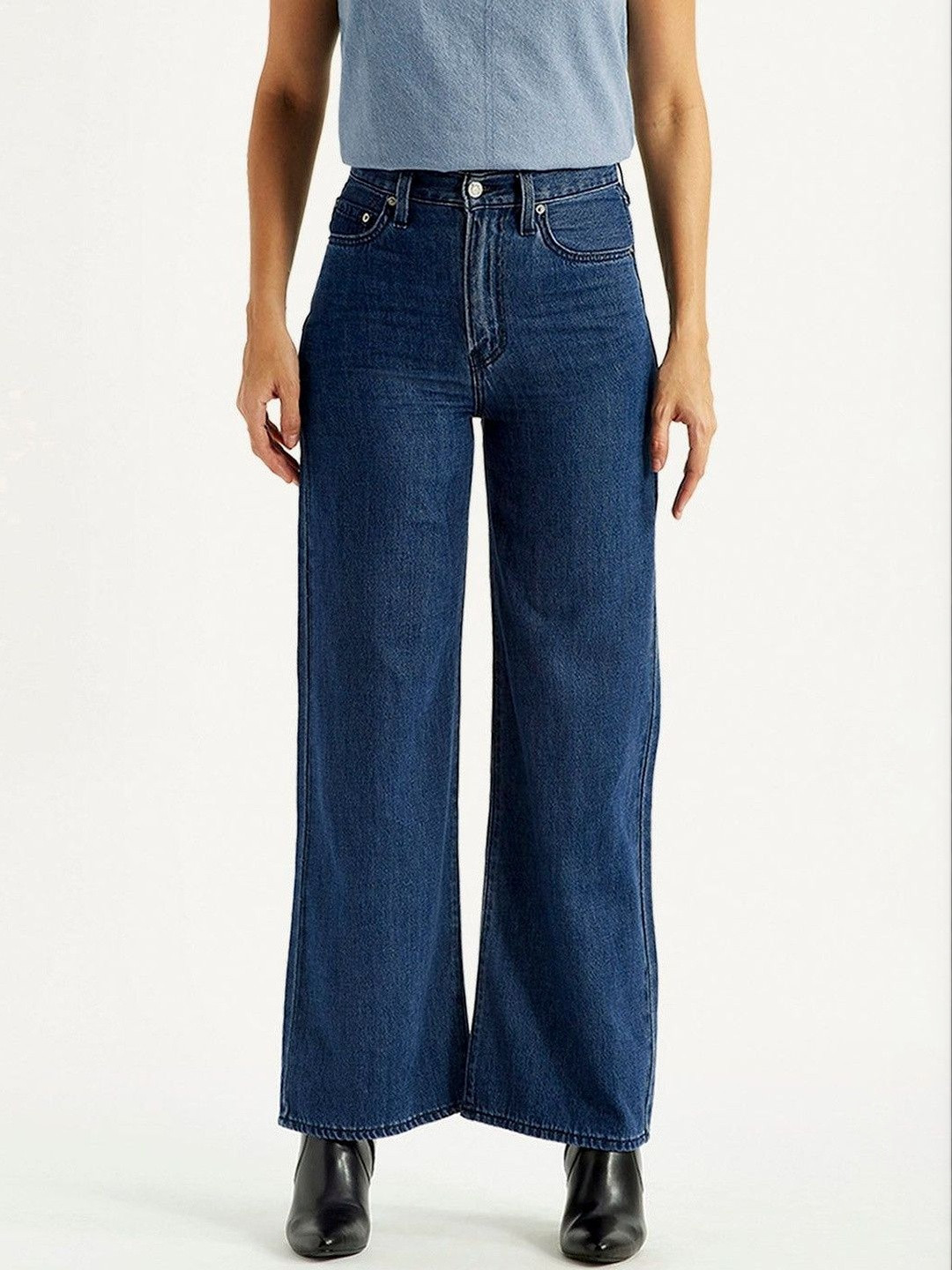 Levis Women's High Rise Ribcage Wideleg Fit Dark-Blue Jeans