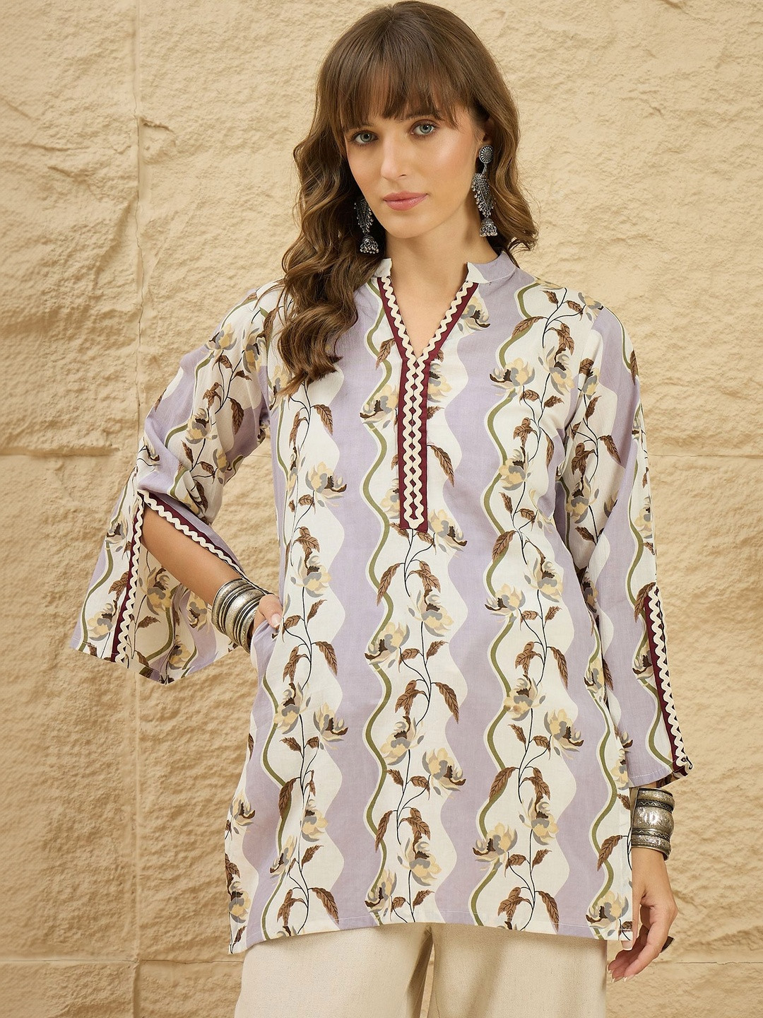 Ethnic Junction Cotton Botanical Printed Flared Sleeves Kurti