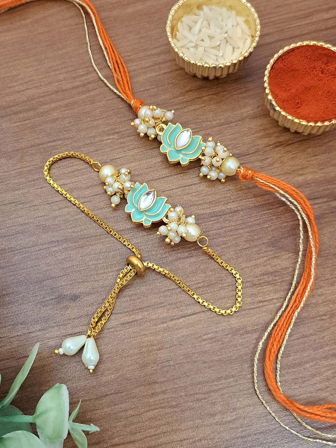 MERYCRAFT Set Of 2 Artificial Beaded Bhaiya Bhabhi Rakhi With rolli Chawal