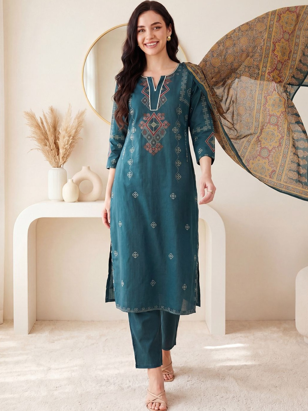 Indo Era Women Ethnic Motifs Embroidered Regular Thread Work Pure Cotton Kurta with Trousers & With Dupatta
