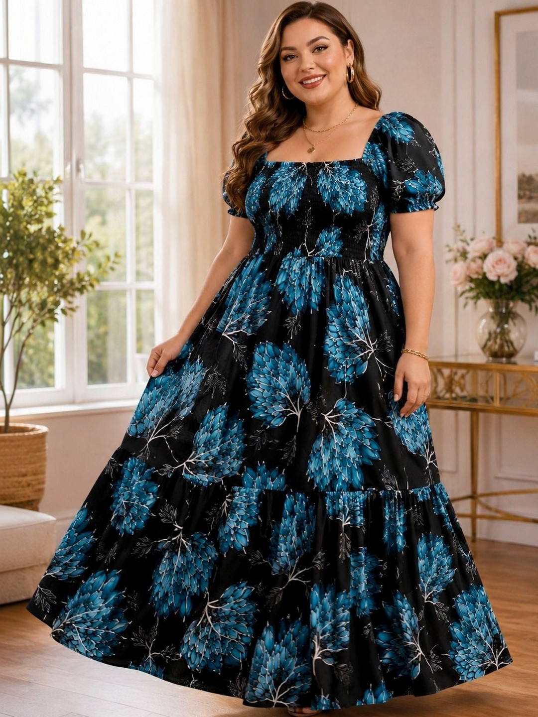 Curvy Love Floral Print Puff Sleeve Chiffon Fit & Flare Maxi Dress