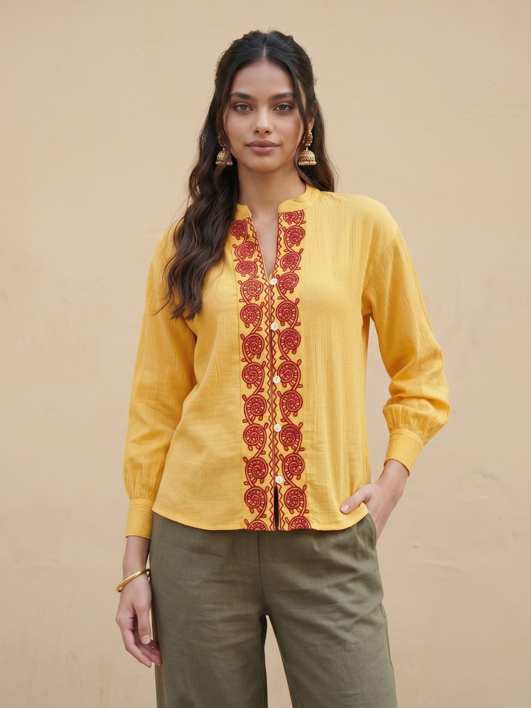fusion by glitchez Floral Embroidered Shirt Style Top
