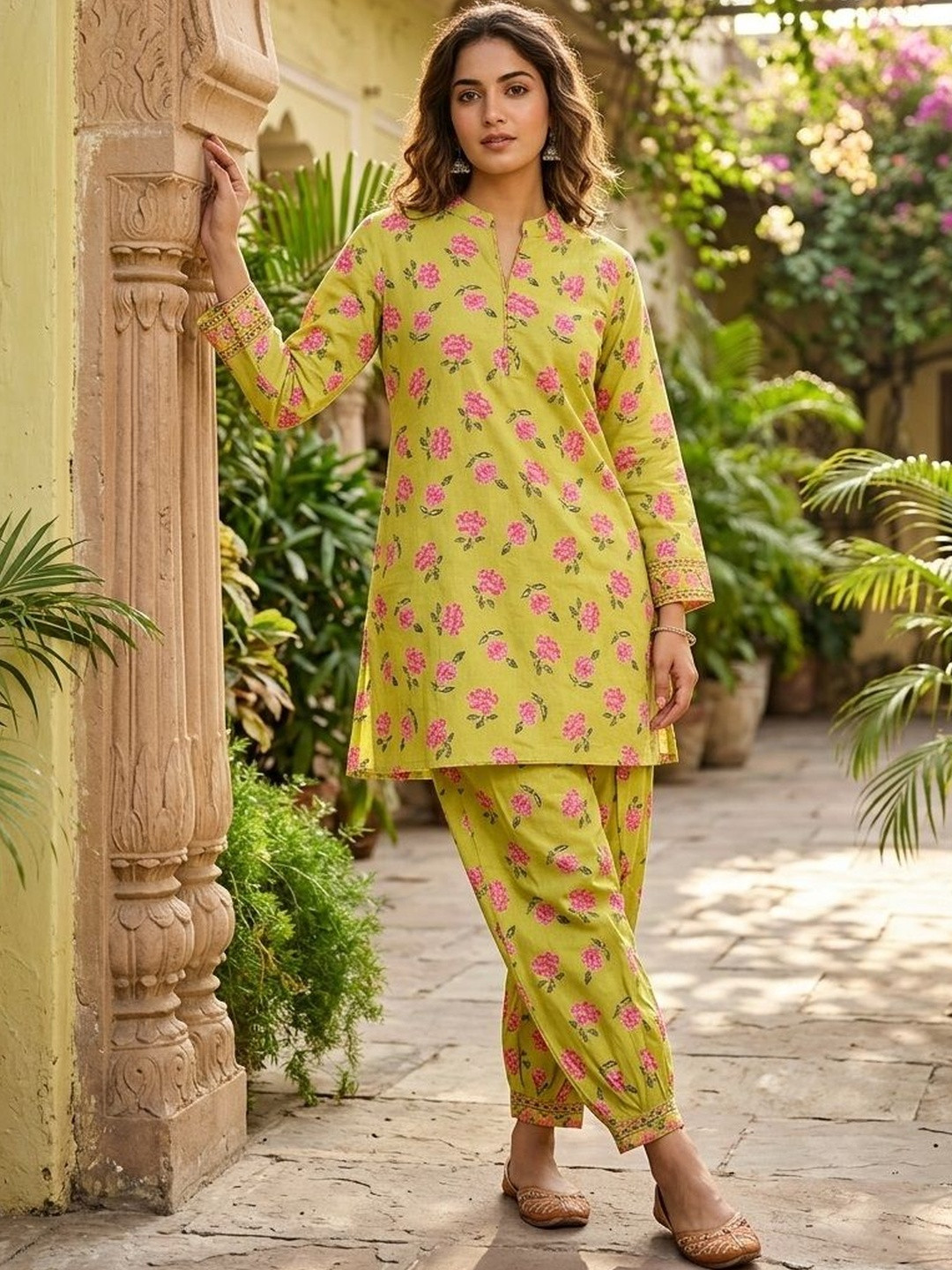 Gopi Prem Women Floral Printed Regular Pure Cotton Kurta with Dhoti Pants