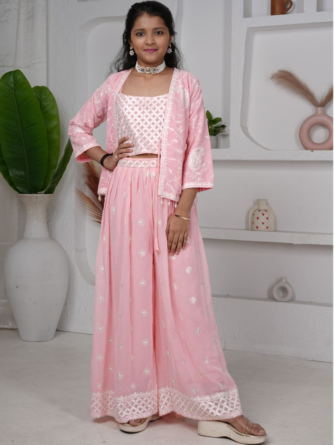 DIGILINE Women Floral Embroidered Cotton Top with Sharara And Jacket