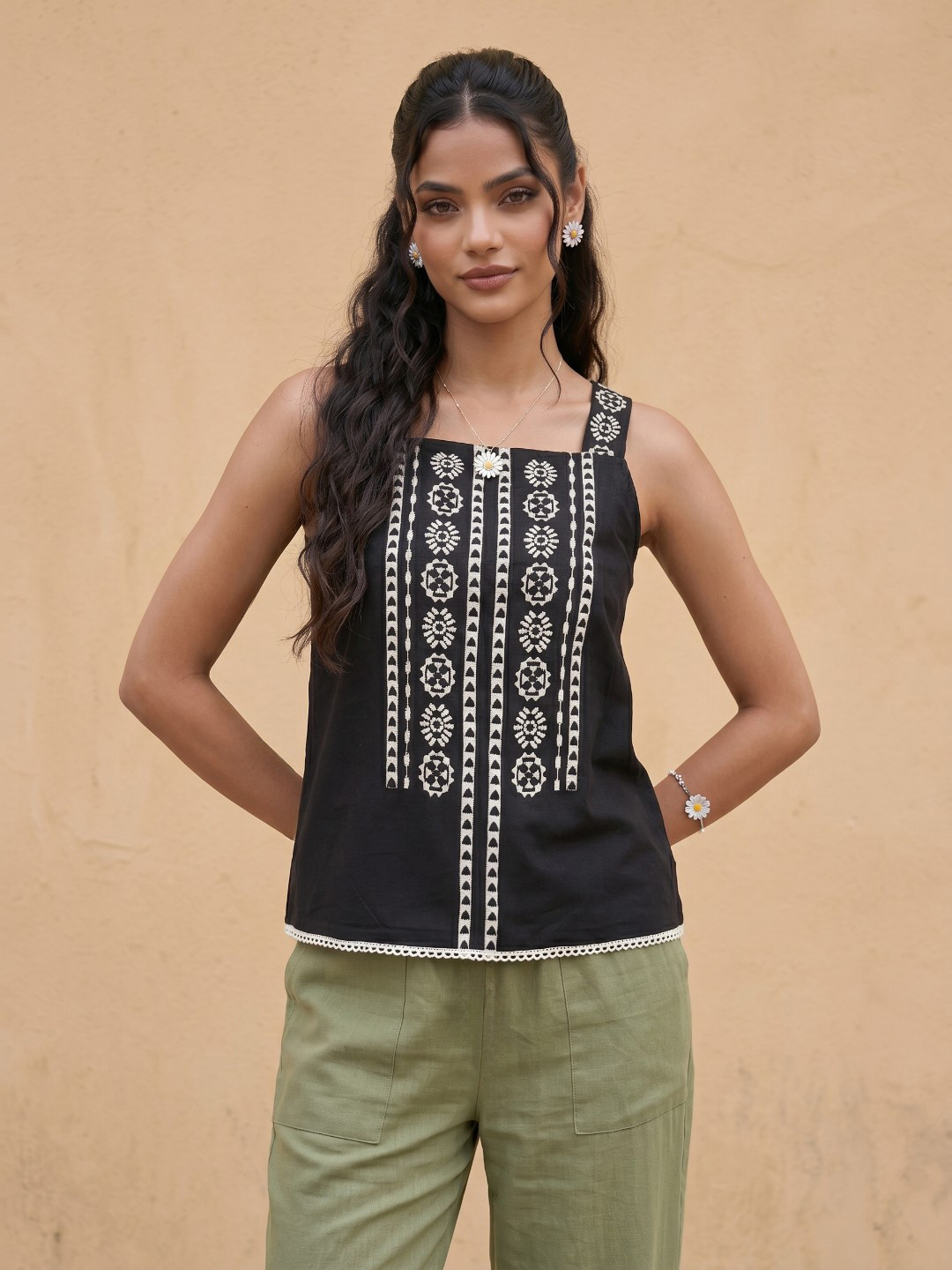 fusion by glitchez Geometric Embroidered Styled Back Top