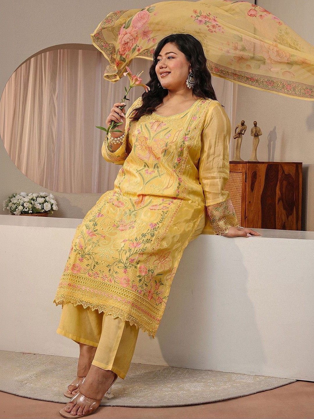 EXTRA LOVE BY LIBAS Plus Size Floral Embroidered Thread Work Kurta with Trousers & Dupatta