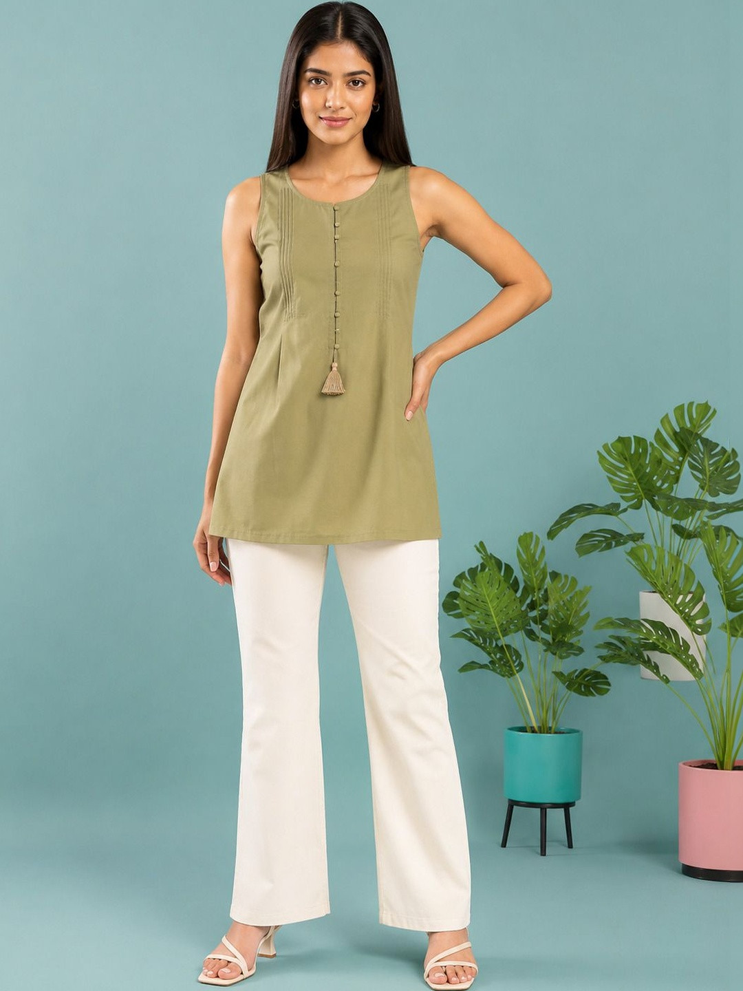 SZN Women Olive Green Solid A-Line Cotton Tunic