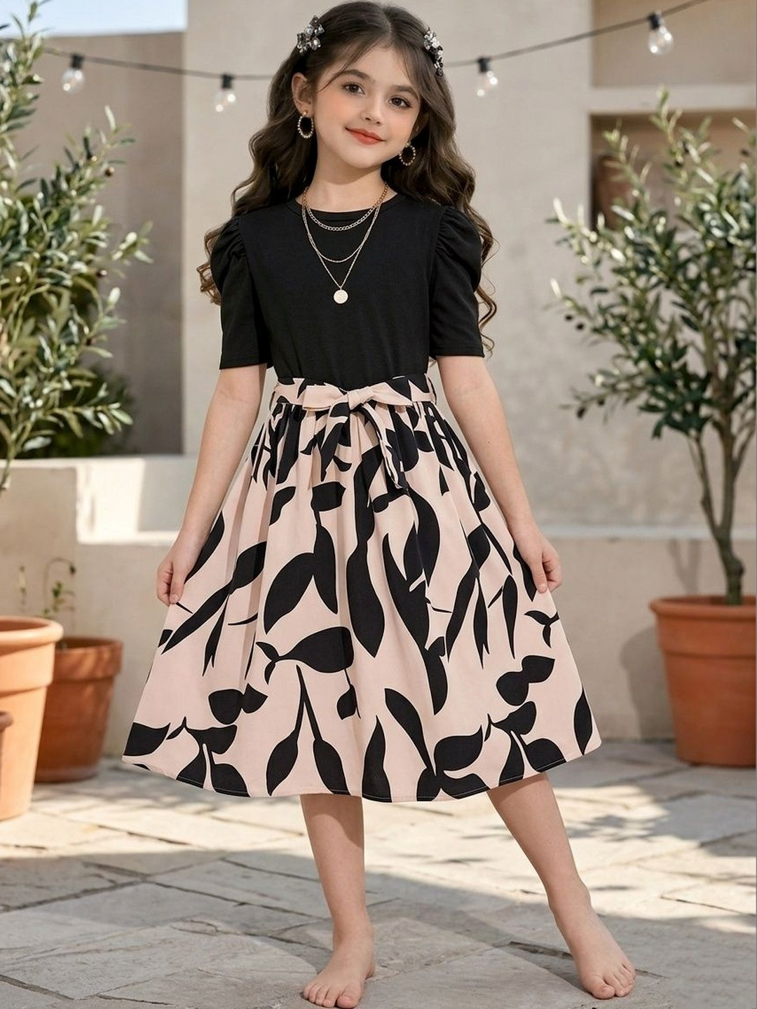 FOSTRIC Print Puff Sleeve Chiffon A-Line Dress