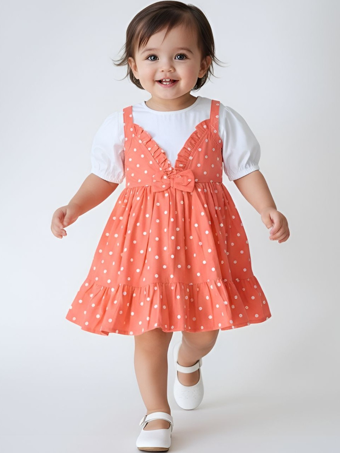 Sangria Polka Dot Print Puff Sleeve Ruffled A-Line Dress