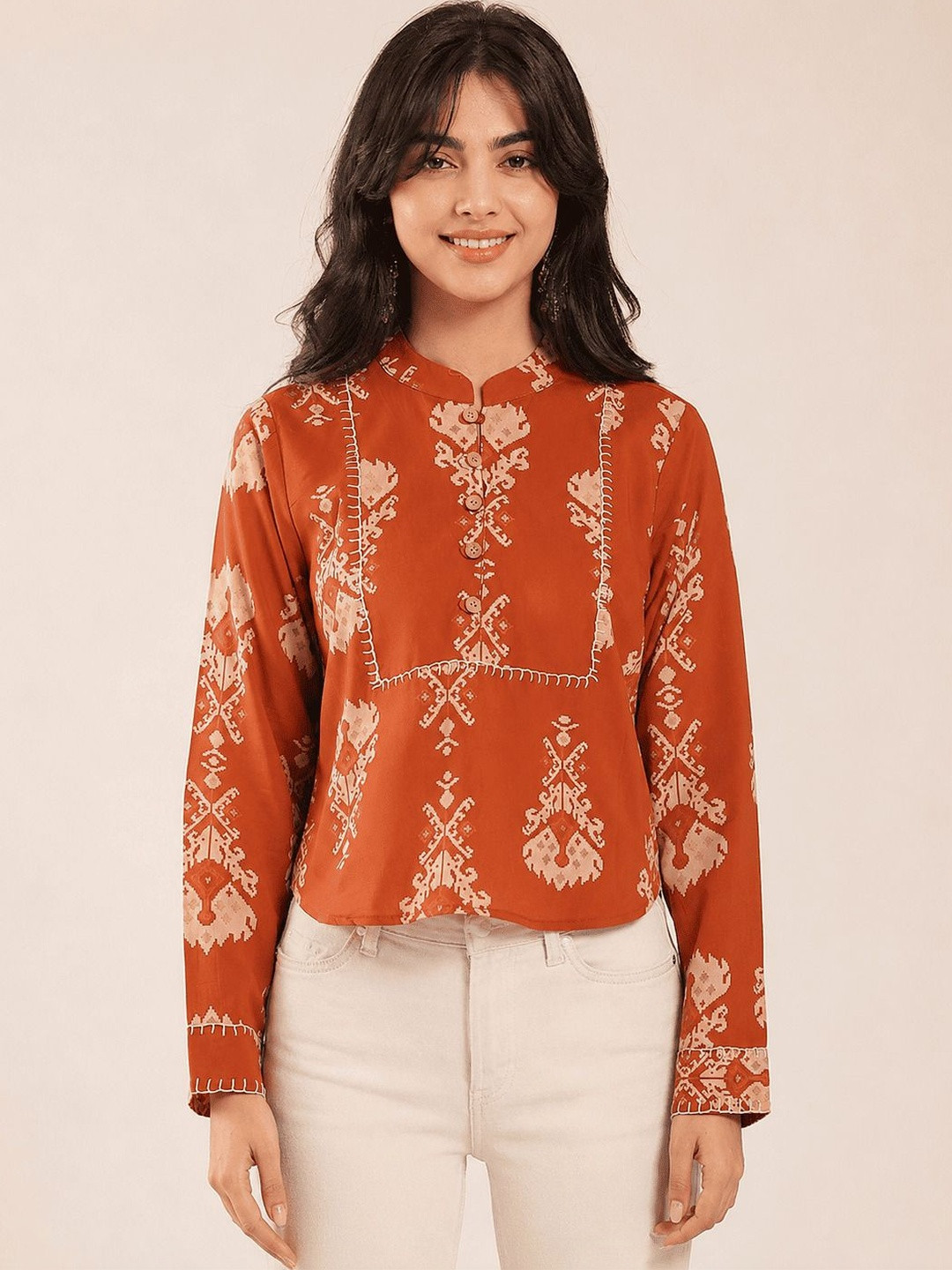 Rust Ethnic Motifs High Neck Cotton Top