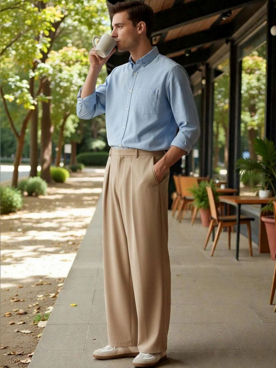 Stylecast X Kotty Men Solid Cotton Straight Fit Mid Rise Pleated Trousers