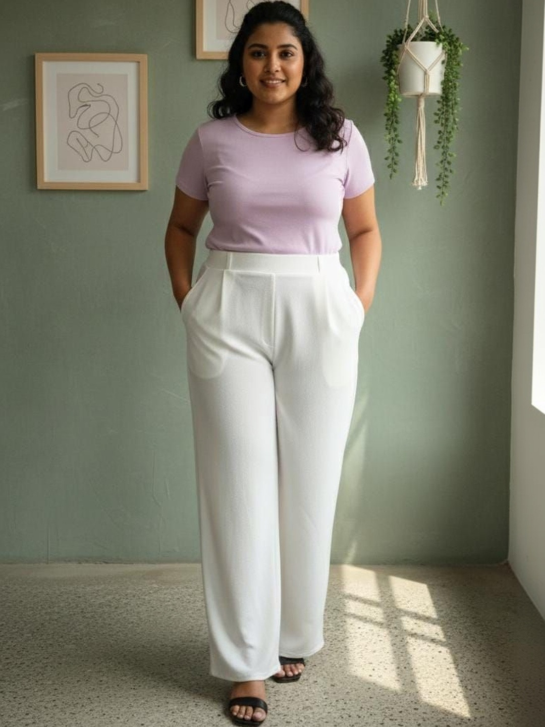 SQew Women Relaxed Loose Fit High-Rise Easy Wash Pleated Trousers