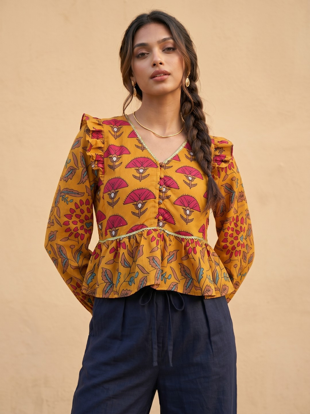 Mustard Ethnic Motif V-neck Peplum Top