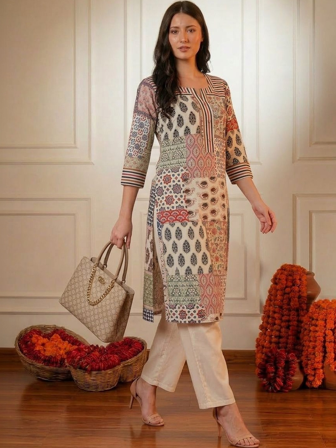 AANVI Women Ethnic Motifs Printed Keyhole Neck Indie Prints Kurta