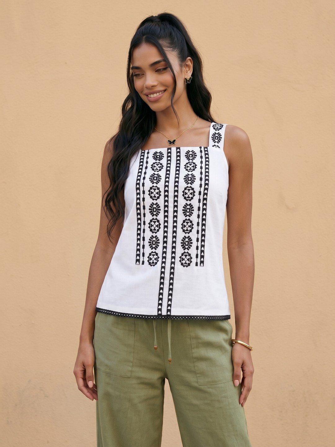 White and Black Ethnic Motif Sleeveless Top