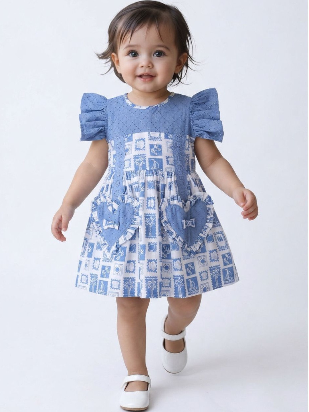 Sangria Tropical Print Puff Sleeve Ruffled A-Line Dress