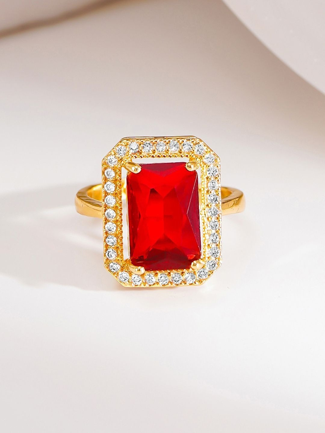 Rubans Thick 18K Gold Plated Ruby Crystal Halo Adjustable Anti Tarnish Ring