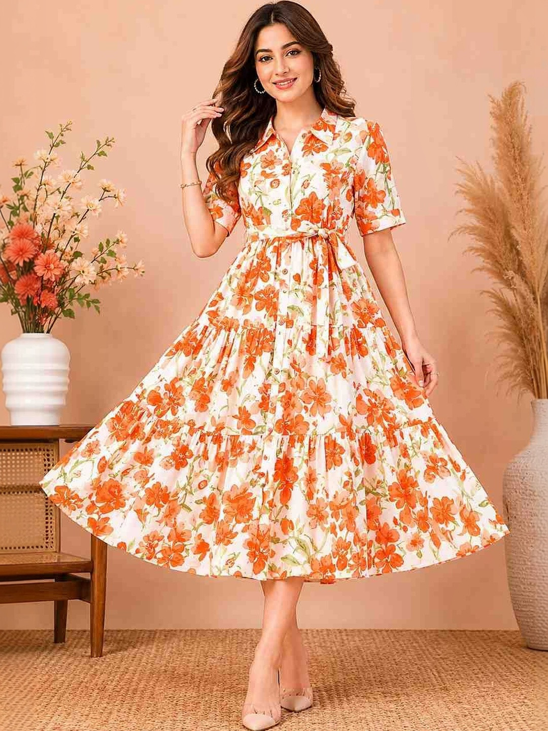 Moda Rapido Floral Print Crepe A-Line Midi Dress