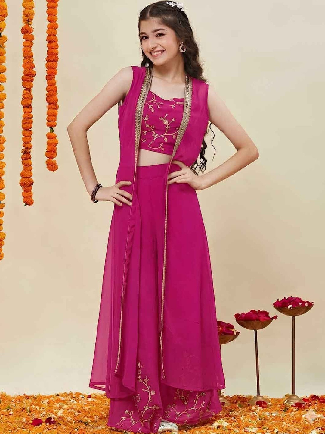 Heerkart Girls Ethnic Motifs Embroidered Regular Thread Work Top with Palazzos