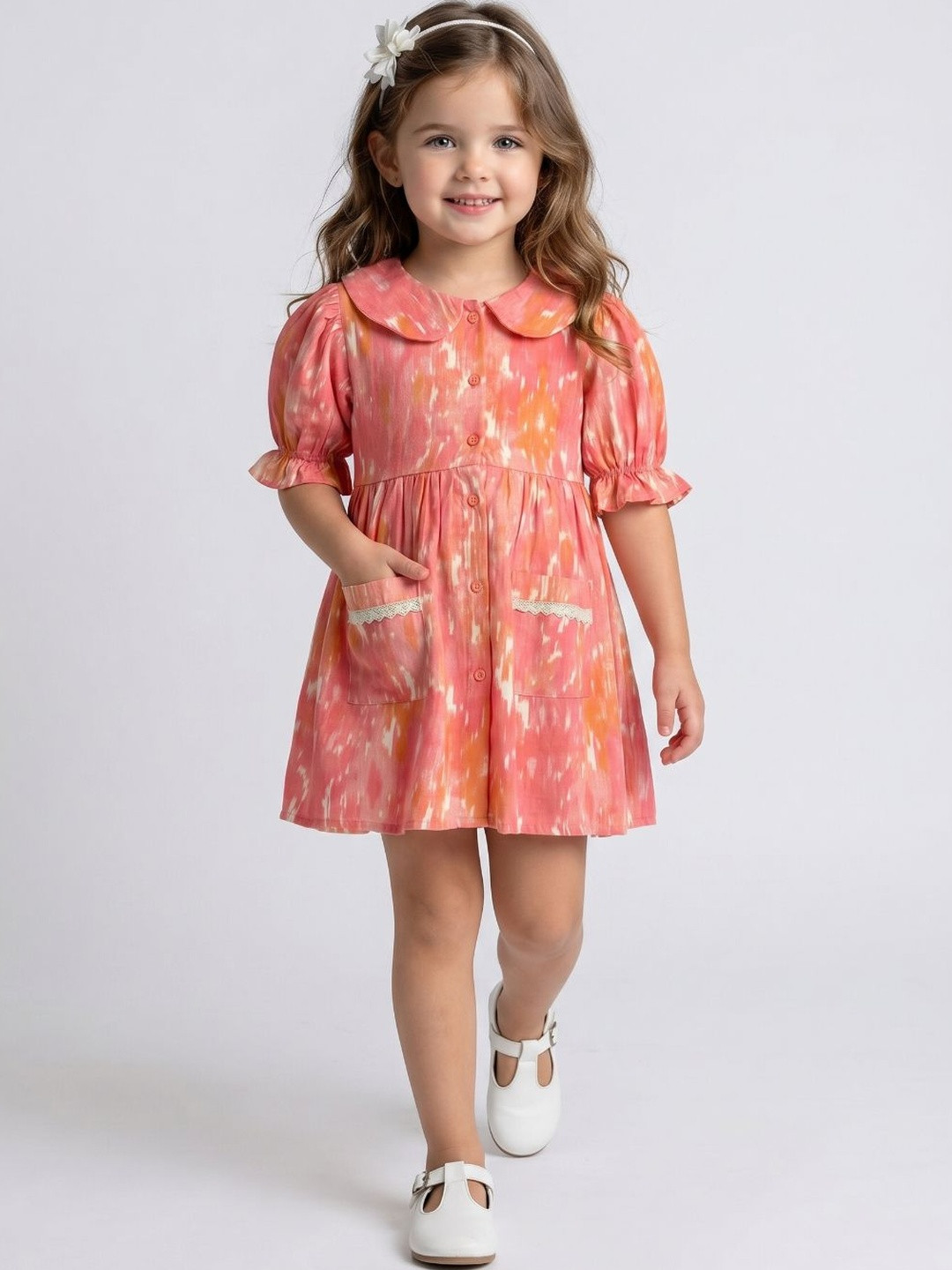 Sangria Print Peter Pan Collar Puff Sleeve A-Line Dress