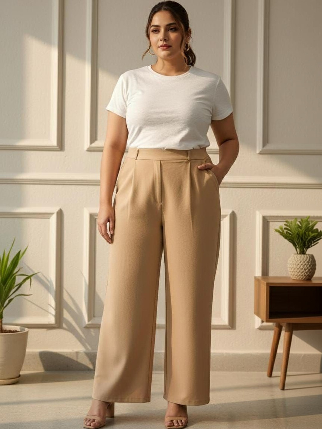 SQew Women Relaxed Loose Fit High-Rise Easy Wash Pleated Trousers