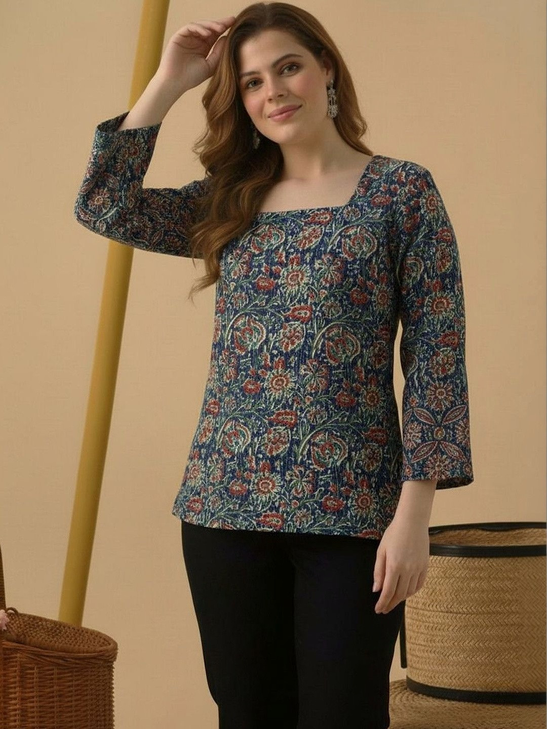 Zyla Women Floral Printed Flared Sleeves Mirror Work Kurti