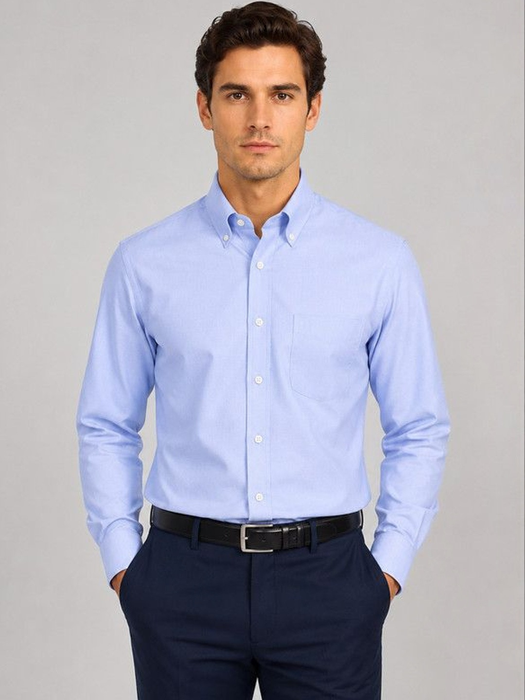 FRANKSHIRT Men's Denim Blue Plain Solid Oxford Cotton Regular Fit Full Sleeve Casual Shirt