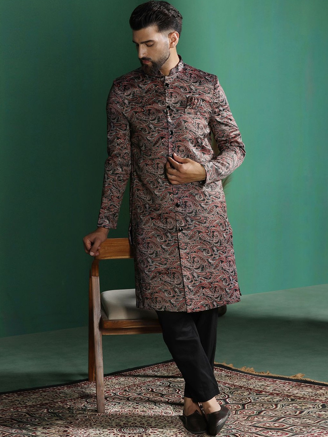 SOURAGYA Printed Mandarin Collar Sherwani
