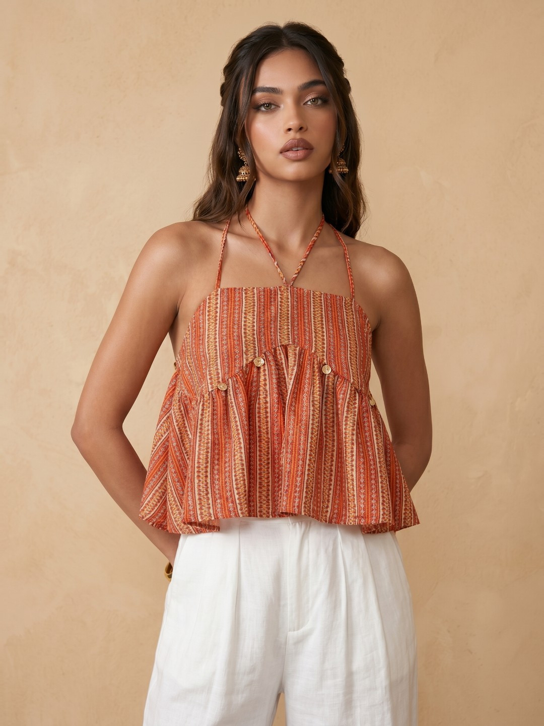Geometric Striped Tie-Up Neck Crop A-Line Top