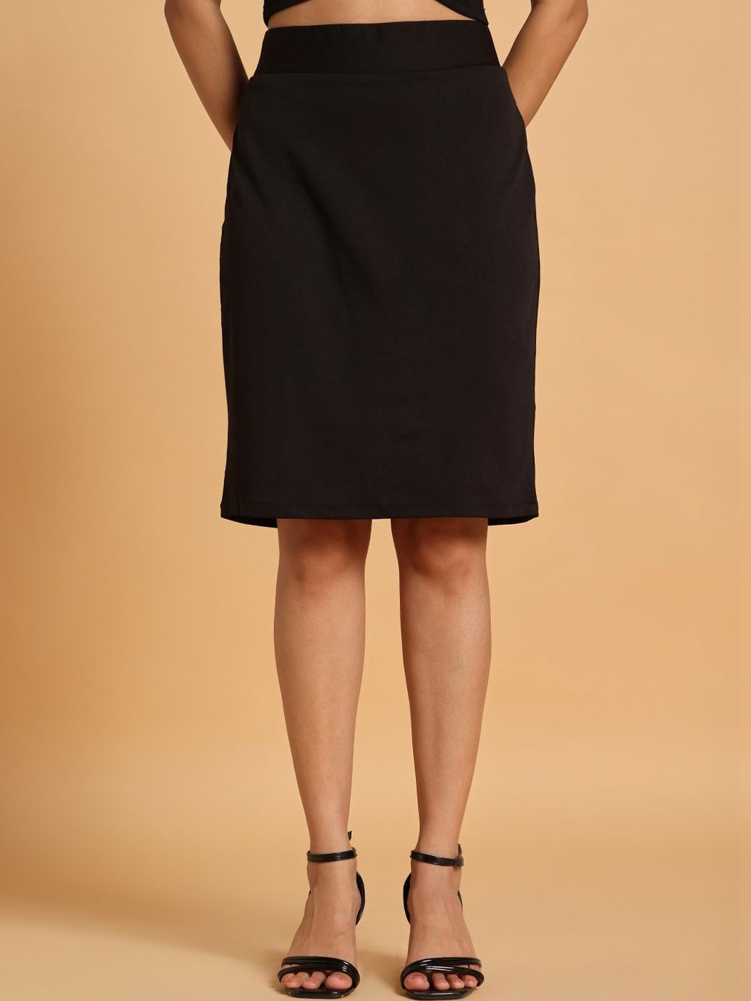Frolic Rolic Knitted Knee Length Polyester Black Pencil Skirt
