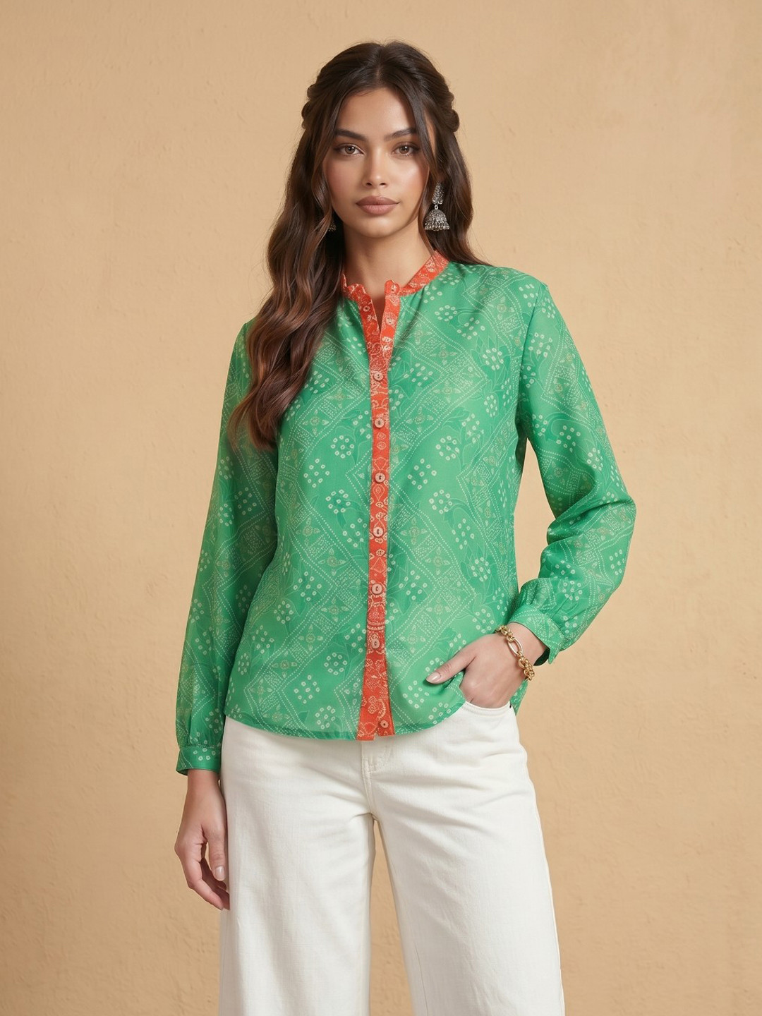 fusion by glitchez Bandhani Printed Shirt Style Top