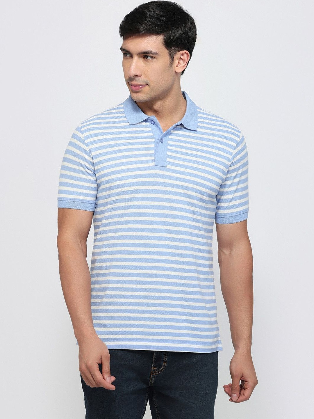 ColorPlus Men Striped Polo Collar Pure Cotton Pockets T-shirt