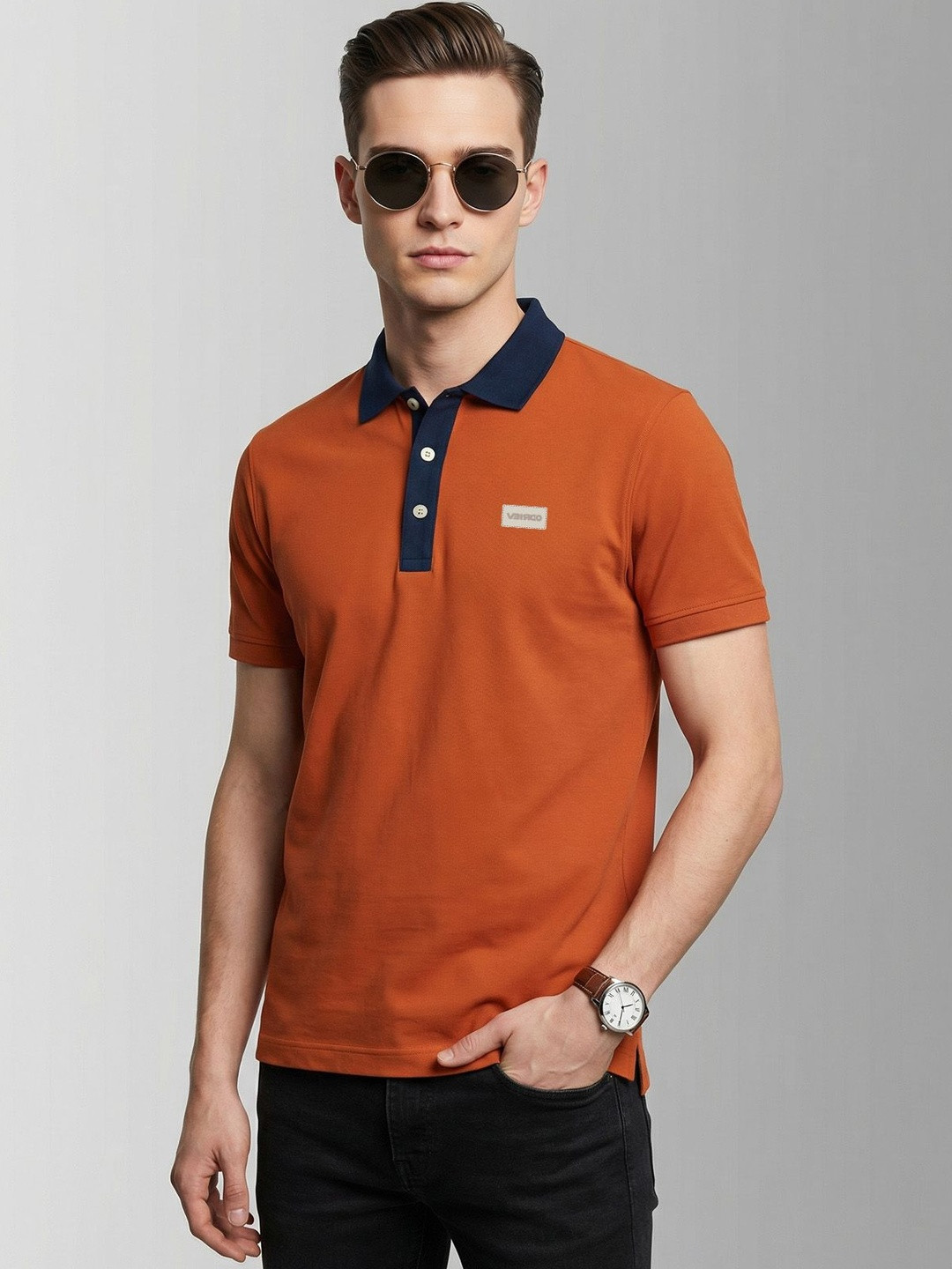 VEIRDO Men Brand Logo Orange Pique Half Sleeve Polo Tshirt Solid Collar Regular Fit T-shirt