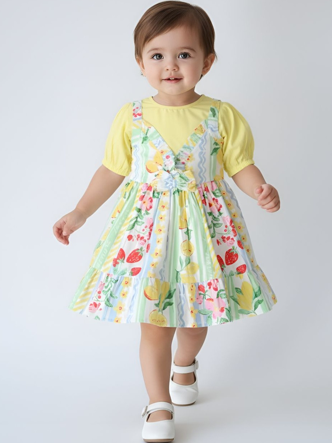 Sangria Girls Floral Print Puff Sleeve A-Line Cotton Dress