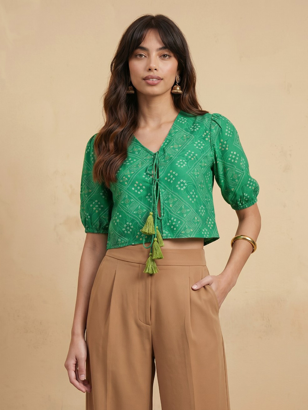 fusion by glitchez Bandhani Printed Puff Sleeve Crop Top