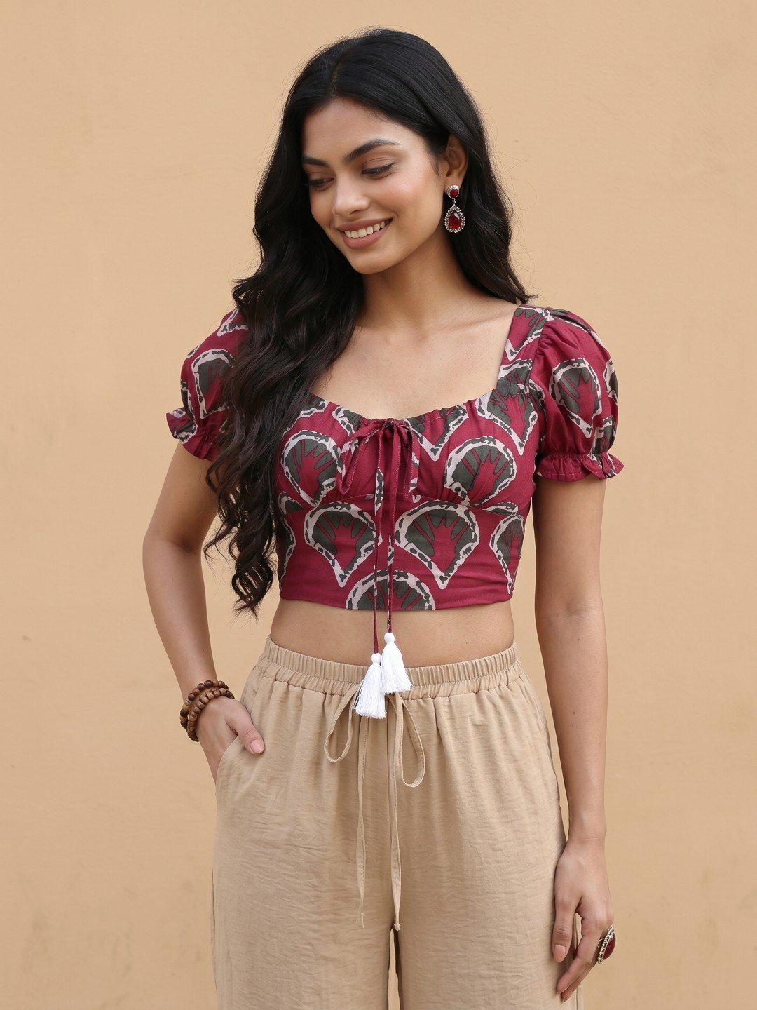 fusion by glitchez Abstract Printed Puff Sleeve Crop Top