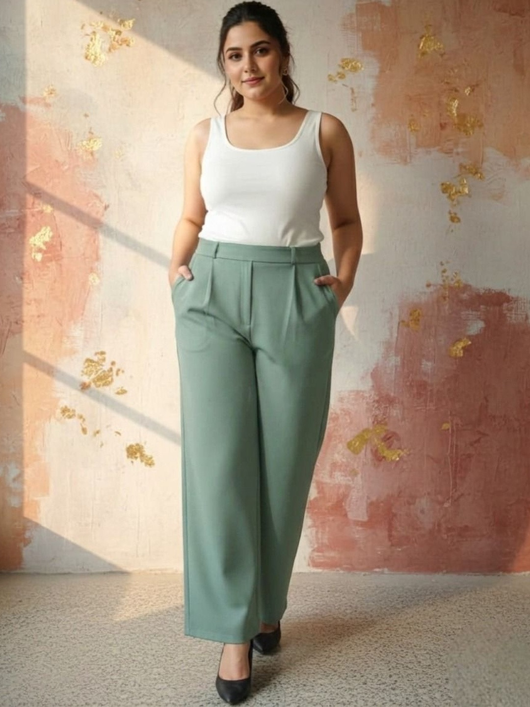 SQew Women Relaxed Loose Fit High-Rise Easy Wash Trousers