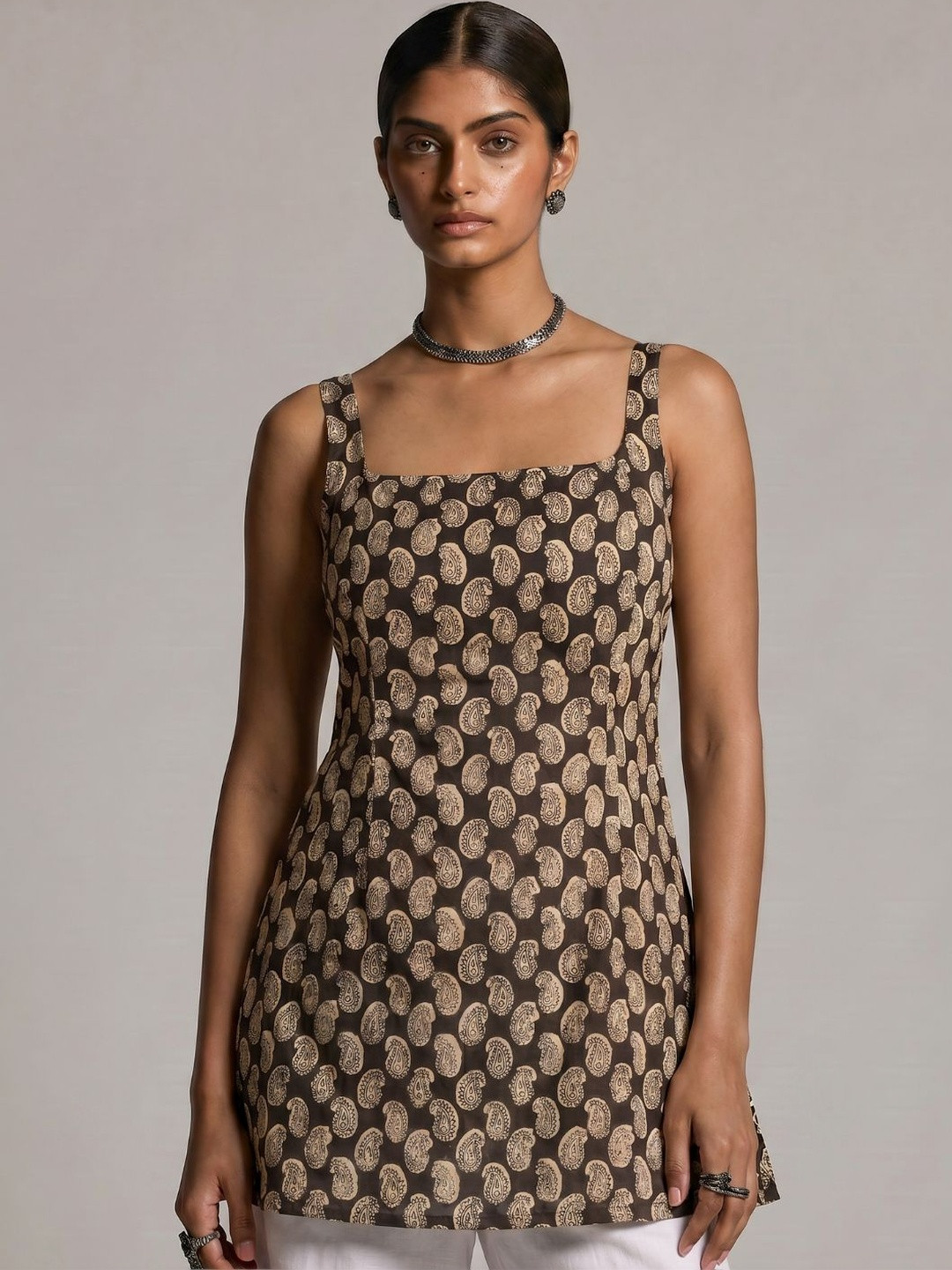 NISHORAMA Black Paisley Printed Square Neck Pure Cotton Sleeveless Kurti