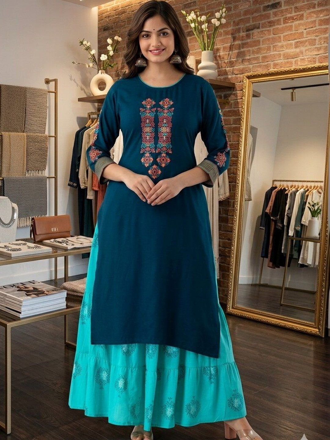 ESHMYRA Women Ethnic Motifs Embroidered Regular Thread Work Kurta with Skirt