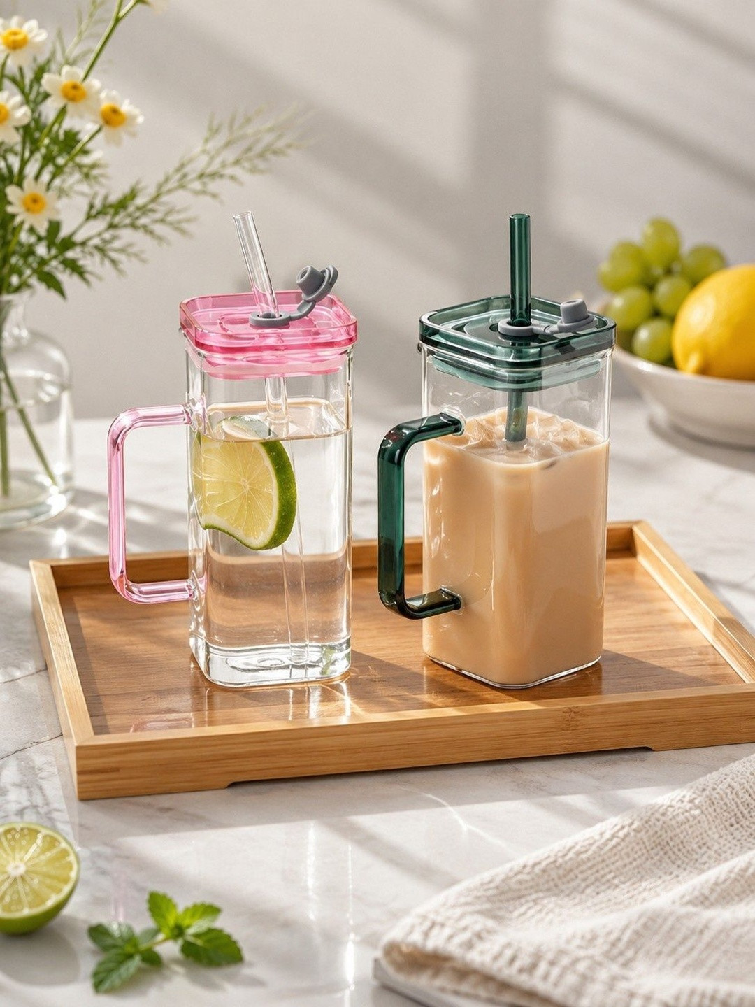 PrimeWorld Transparent & Pink Set of 2 Glass Solid Water Bottle