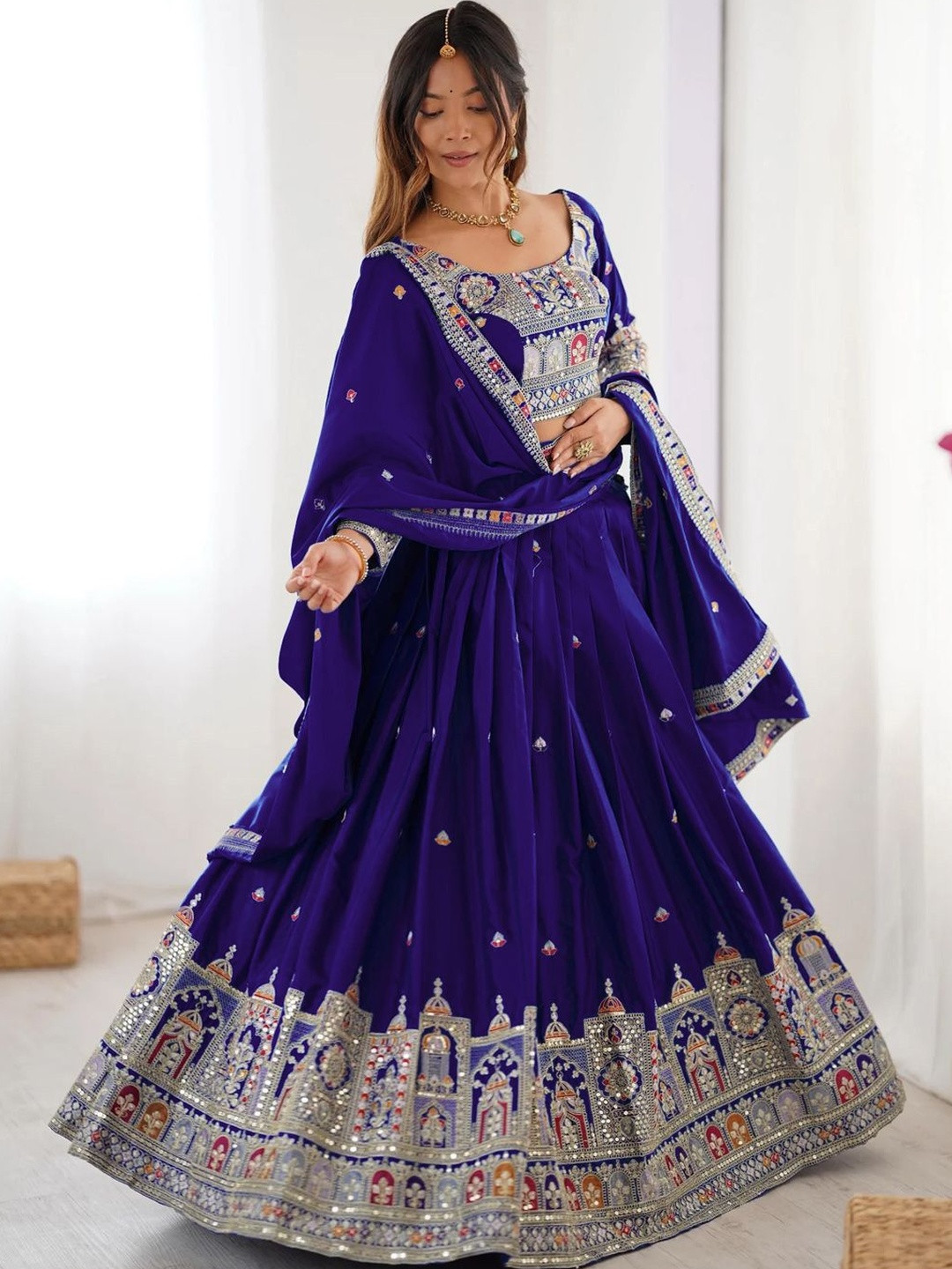 Fashorama Embroidered Thread Work Semi-Stitched Lehenga & Unstitched Blouse With Dupatta