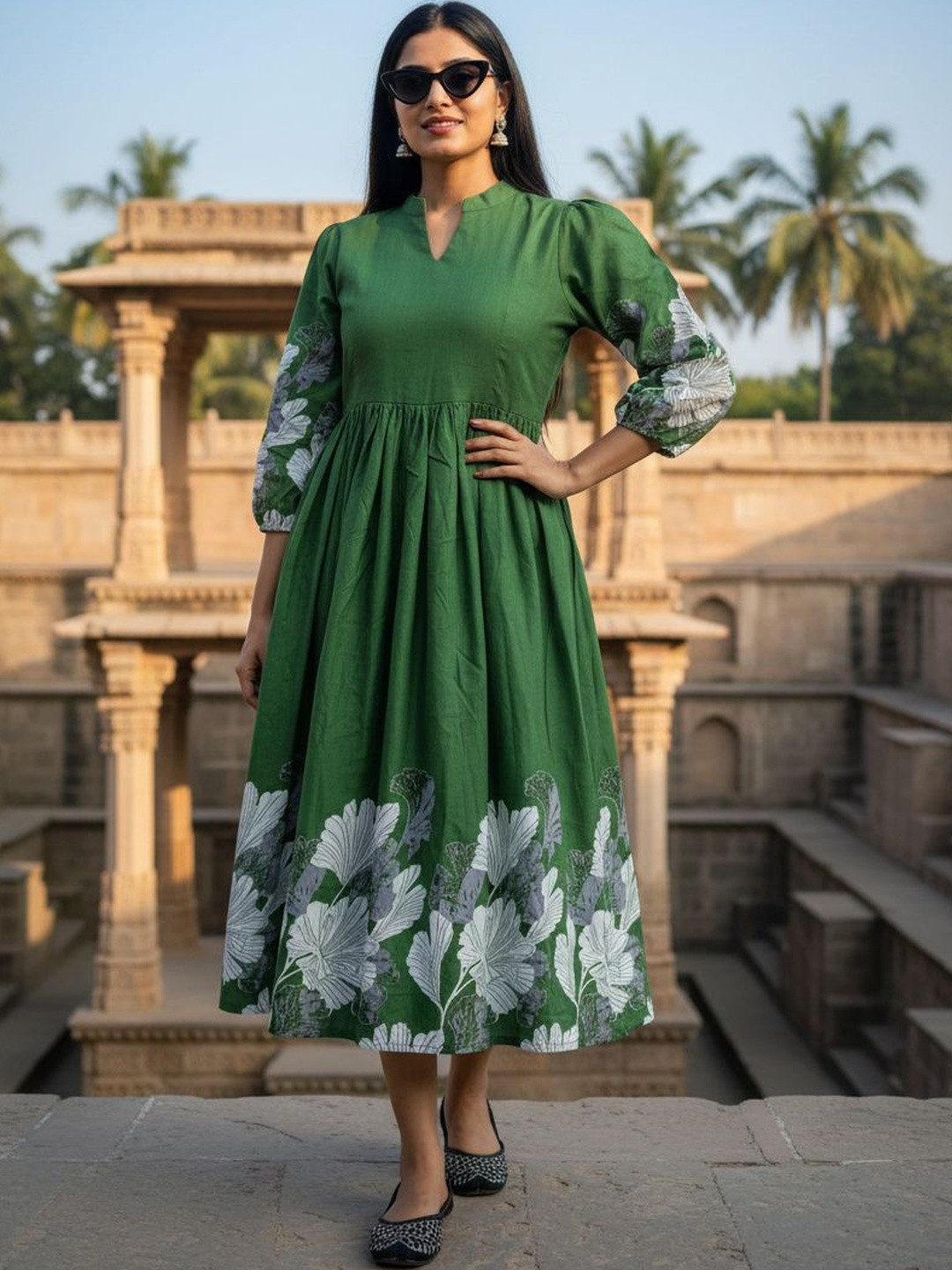 JANKHANA Cotton Floral Printed Puff Sleeve A-Line Midi Dress