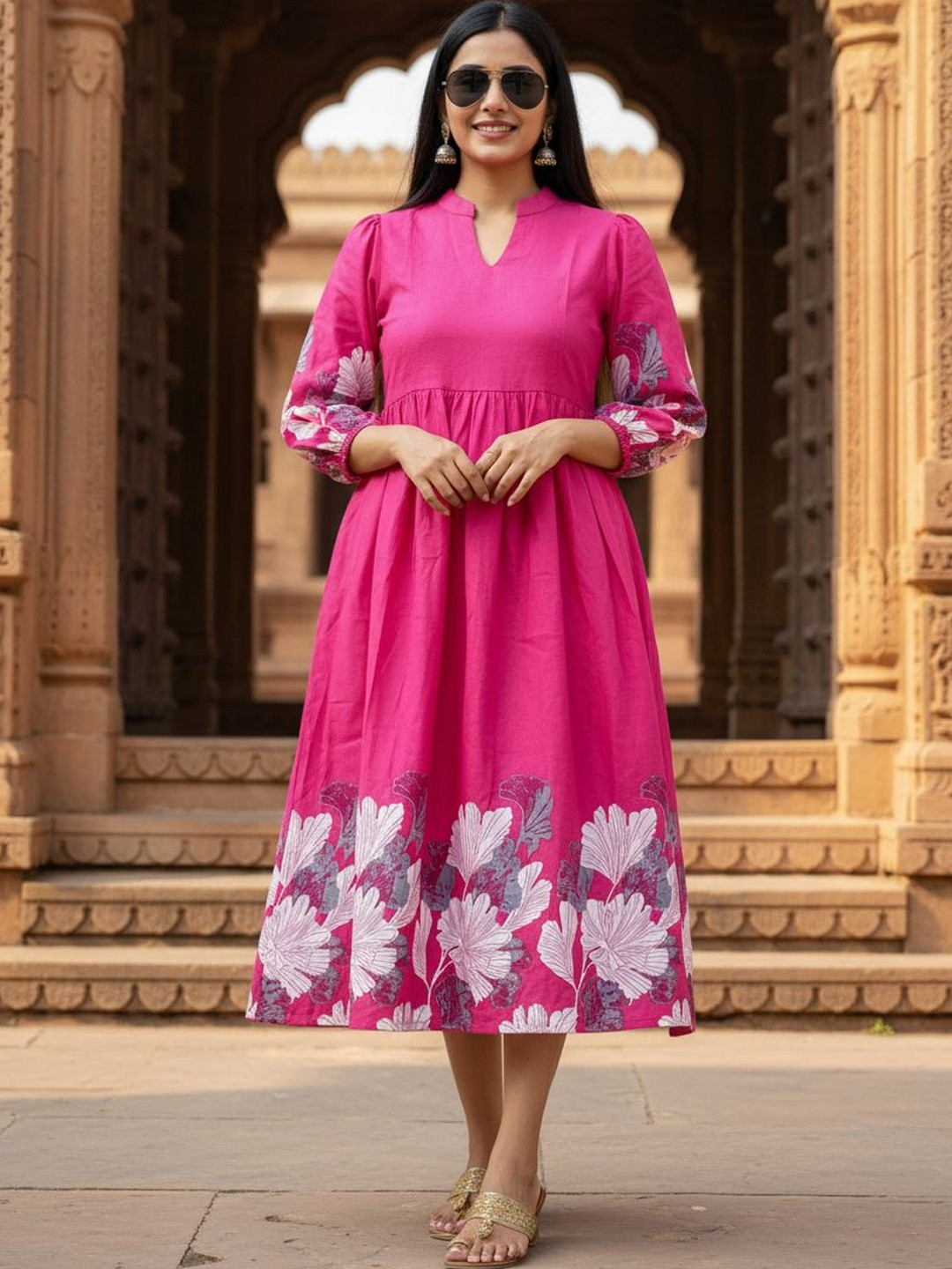 JANKHANA Cotton Floral Printed Puff Sleeve A-Line Midi Dress