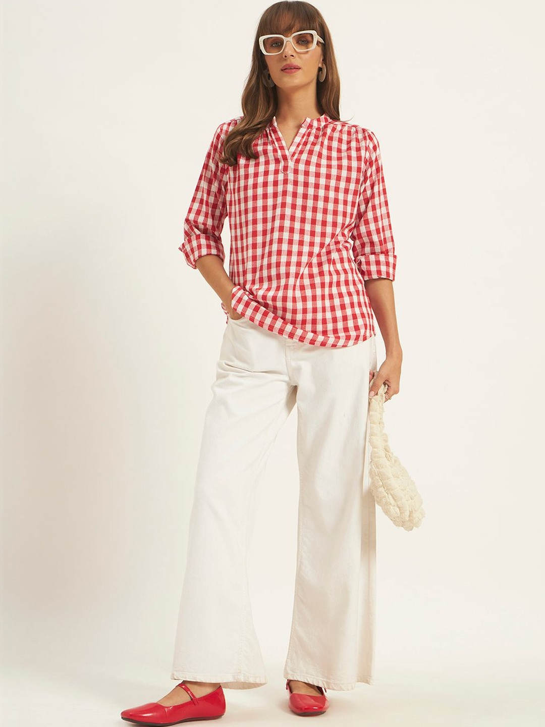 VALUE CREATION Checked Mandarin Collar Cotton Crop Top