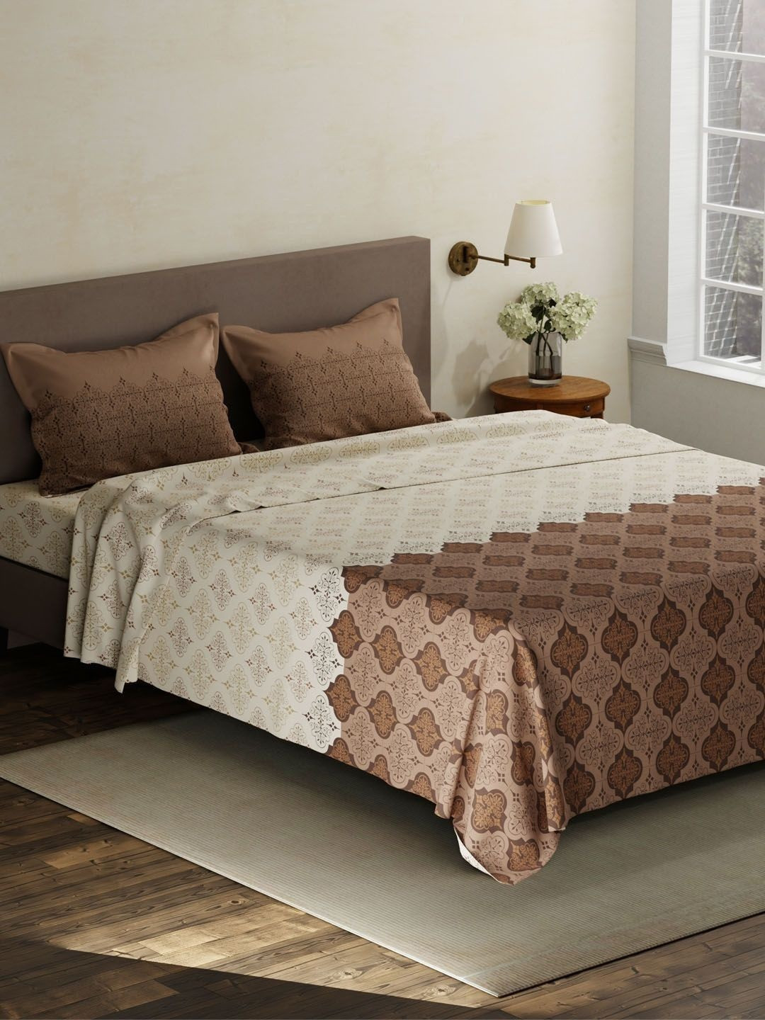 Layers Brown & White Ethnic Motifs 120 TC King Bedsheet with 2 Pillow Covers