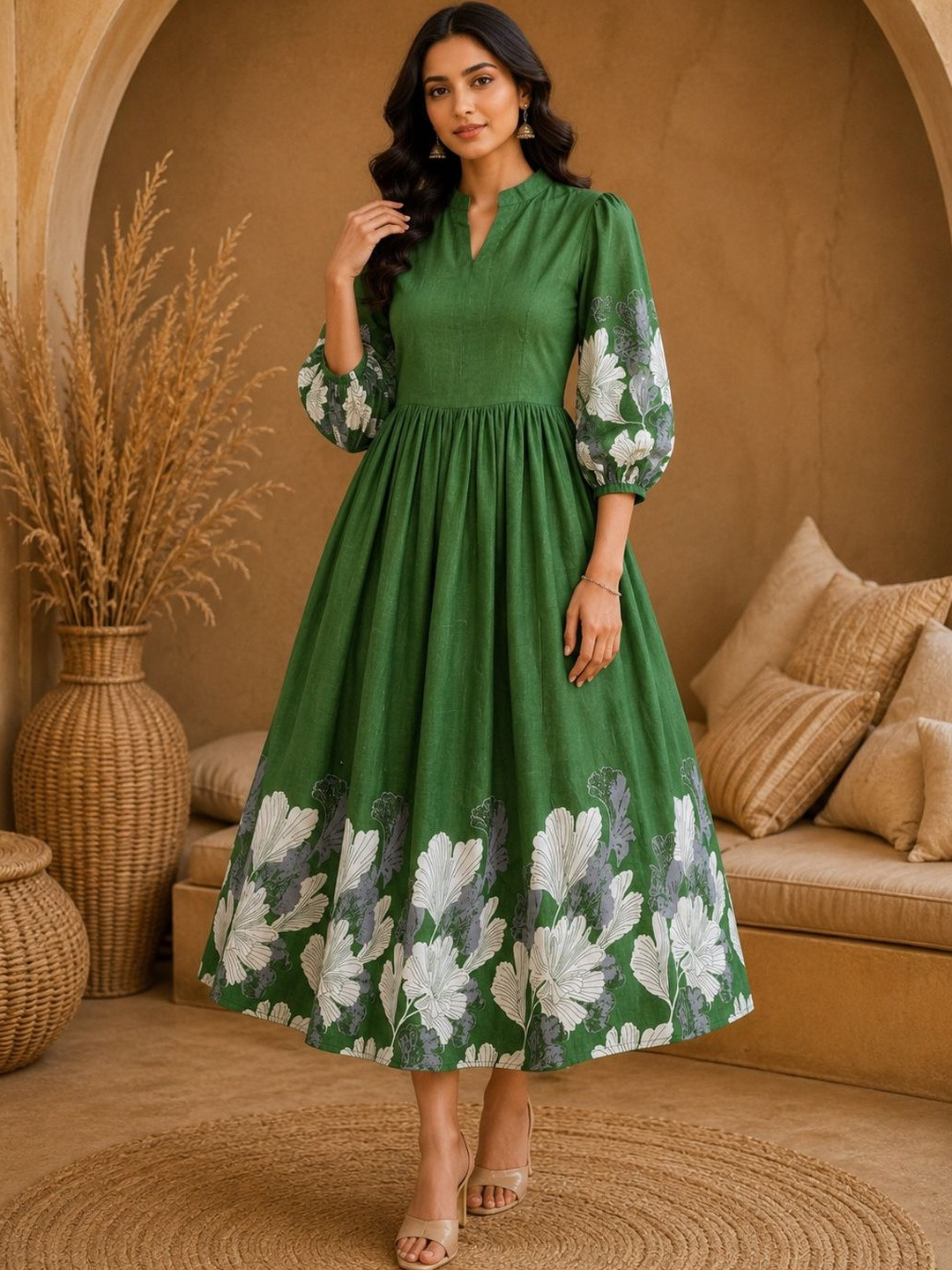 JANKHANA Cotton Floral Printed Puff Sleeve A-Line Midi Dress