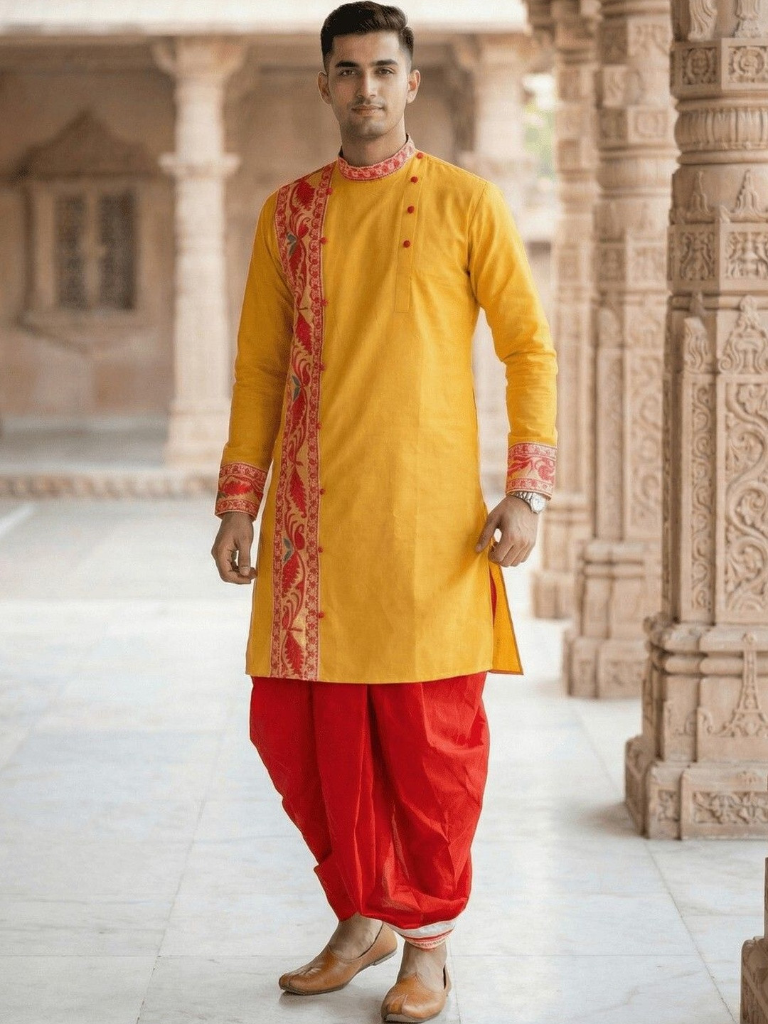 GOURI COLLECTIONS Men Cotton Jamdani Printed Straight Kurta
