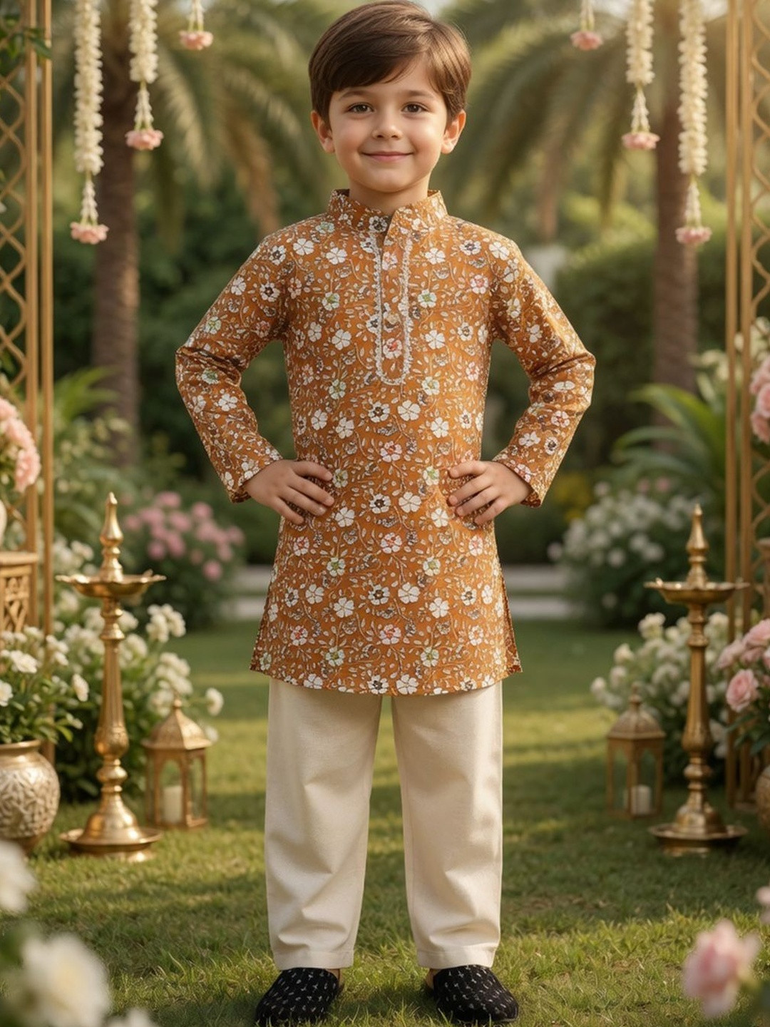 Cutiekins Boys Floral Printed Mandarin Collar Kurta With Pyjamas